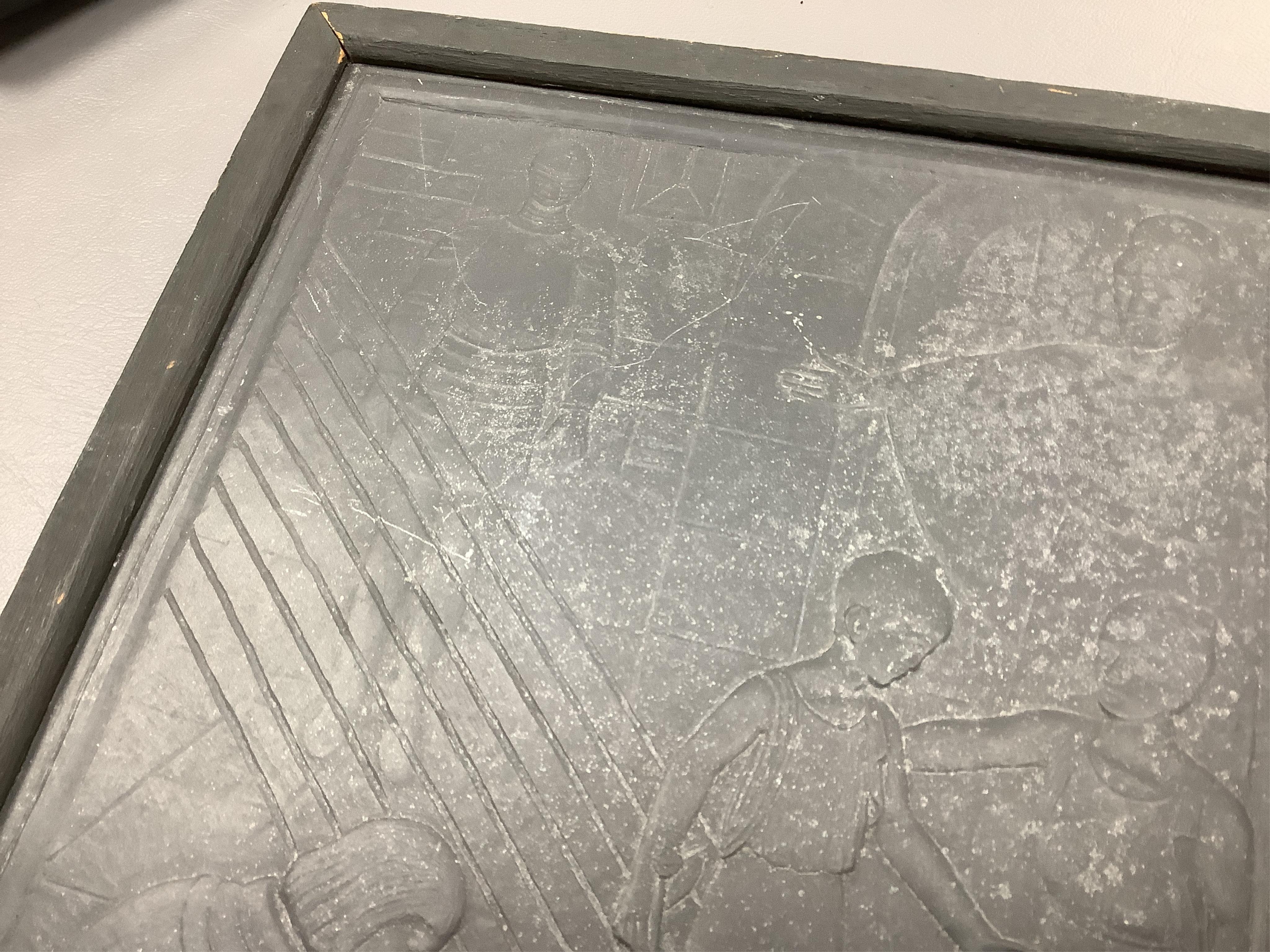 John McKenzie (1897-1972), relief carved slate plaque, ‘Inheritance’, initialled, ink inscription verso, 27cm high. Condition - good